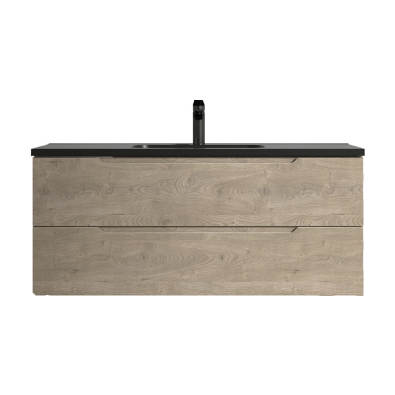 Meuble-lavabo mural simple avec comptoir en quartz noir et meuble-lavabo au fini bois naturel Passonno, 48"