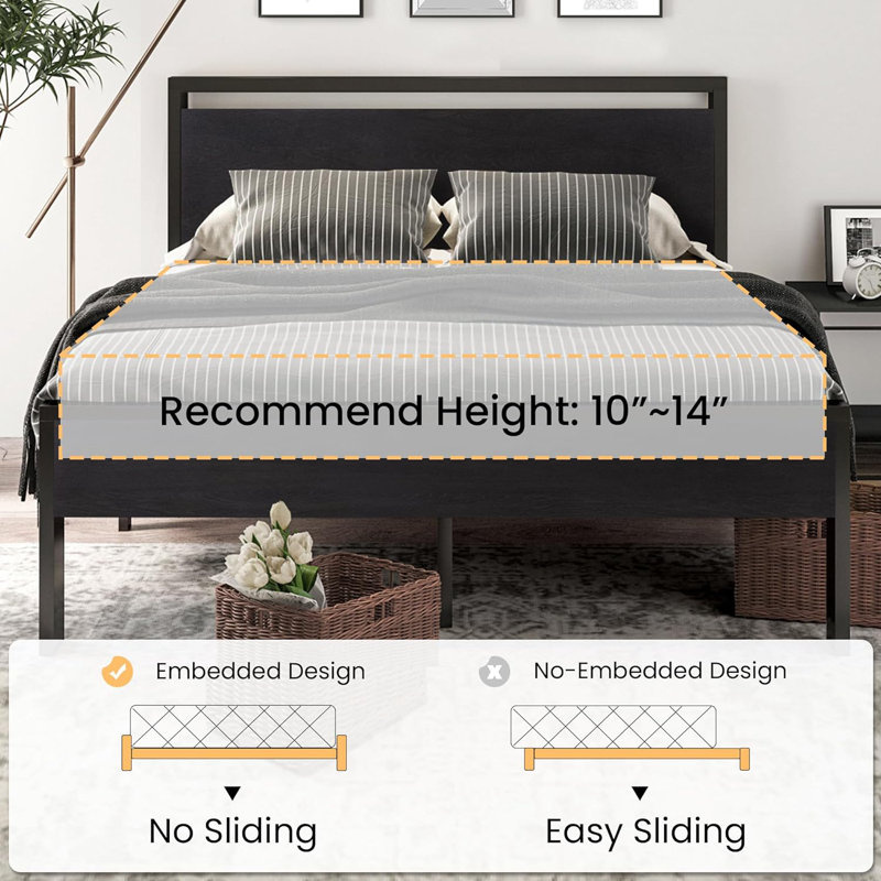 Black Oak Queen Metal Platform Bed Frame with Wooden Headboard
