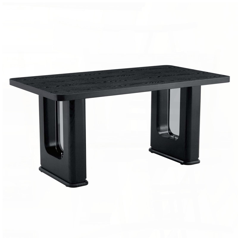 Table de salle à manger 64,5 pouces à grain de bois noir avec détails en verre gris - panneau de fibres à densité moyenne et pieds en forme de U
