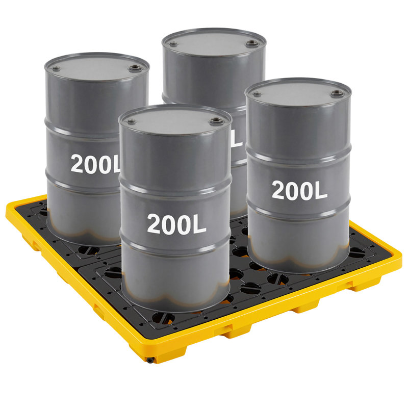 Palette de confinement de déversement, plateforme modulaire de confinement de déversement à profil bas pour 4 cylindres, puisard de 31 gallons, capacité de charge de 8818 lb, plateau en polyéthylène robuste avec drain, 51,4 po x 50,4 po x 5,9 po, jaune