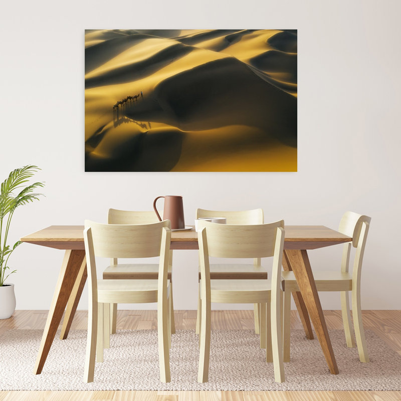 Golden Desert Caravan Serene Tranquil Abstract Landscape Nature Wall Art Print, H 32 po x l 48 po