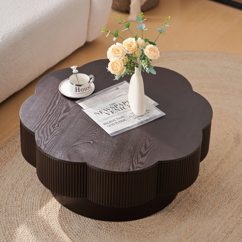 Table basse 31,50 "en forme de fleur avec rangement, placage en bois naturel, noir | Idée cadeau, Marron foncé