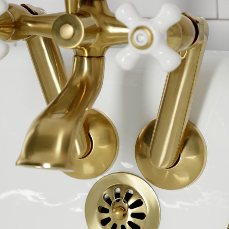 Kingston Brass Kingston Three-Handle 2-Hole Tub Wall Mount Clawfoot Tub Faucet with Hand Shower, Brushed Brass