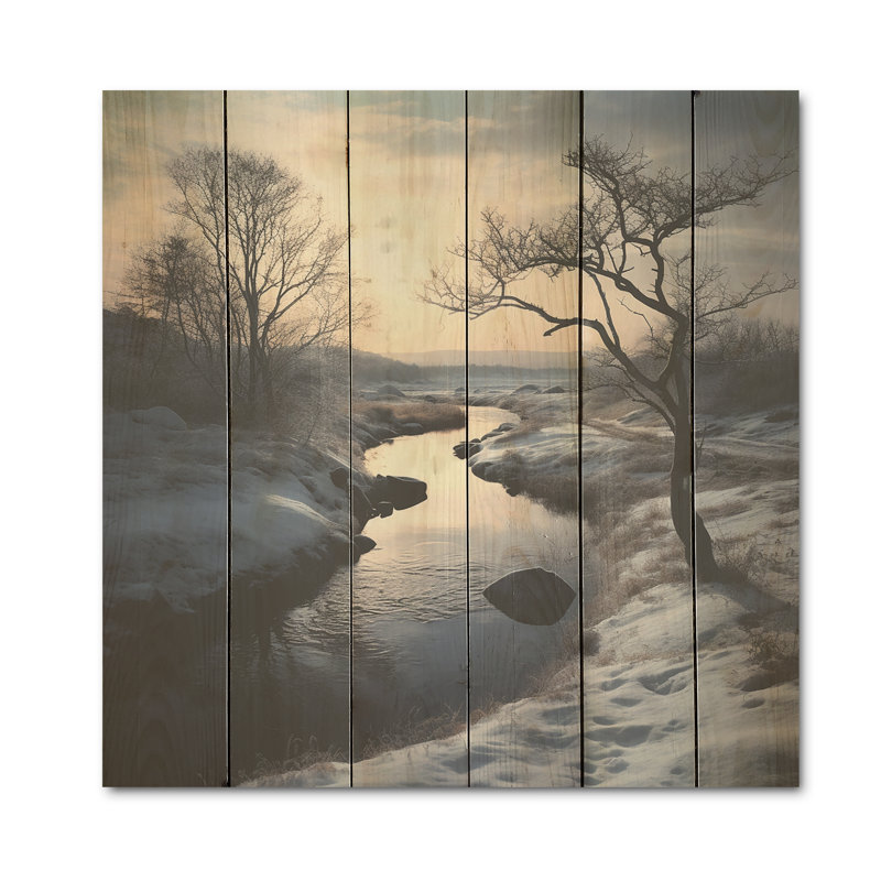 «River Winter Scenery Tranquility - Lake River», art mural sur bois de pin naturel, H 25 po x l 25 po