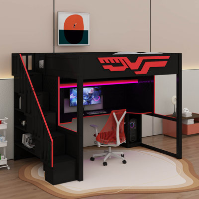 Lit mezzanine de jeu double avec bureau et escalier de rangement, cadre de lit mezzanine avec lumières DEL et ports USB