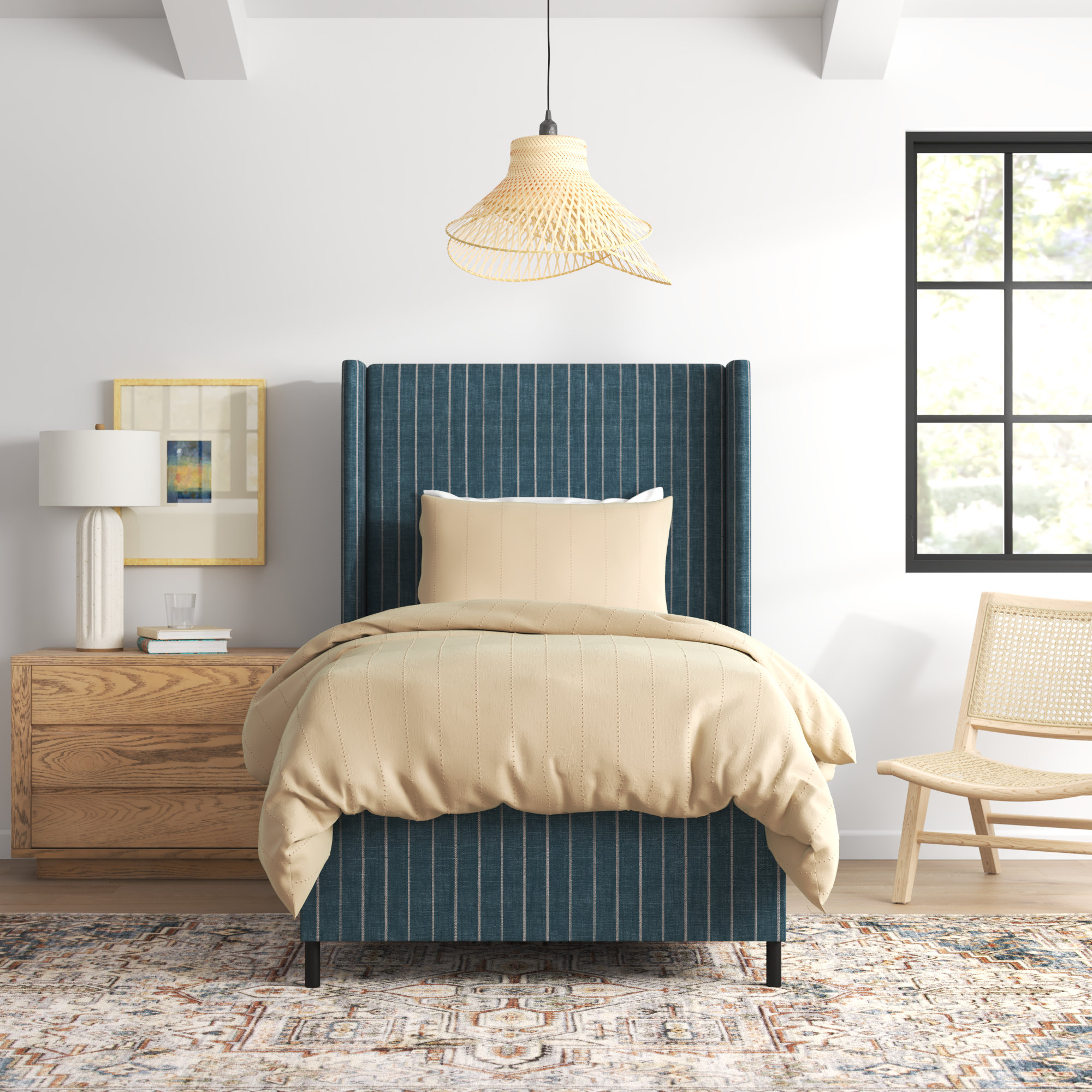 Tilly Upholstered Wingback Bed, Fritz Indigo Stripe, Twin