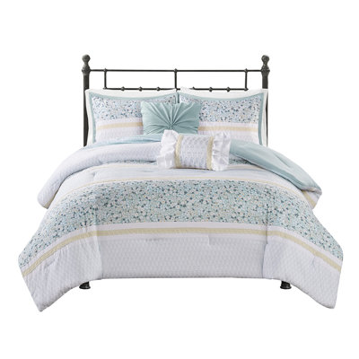 Full/Queen Seersucker Bedding With Decorative Throw Pillows - In Yellow And Blue Comforter Floral Botanical Prints Style White