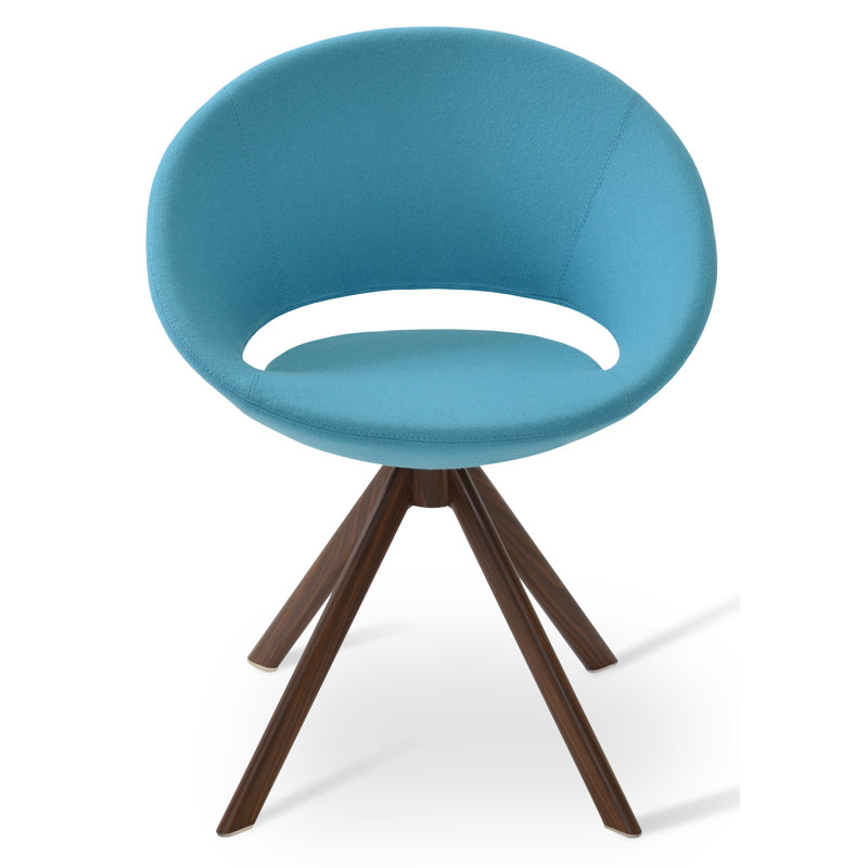 Crescent Sword Swivel Dining Chair, Sky Blue Faux Leather, Walnut