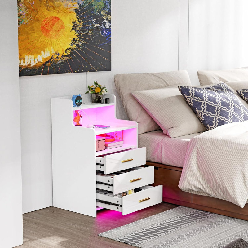 Bedside Cabinet with 3 Drawers & 2 Open Shelves, White Bedside Table with RGB LED Light Strip & UK Charging Station 2AC/2USB, Wooden Nightstand Sofa Side Table for Bedroom Living Room, UK Plug