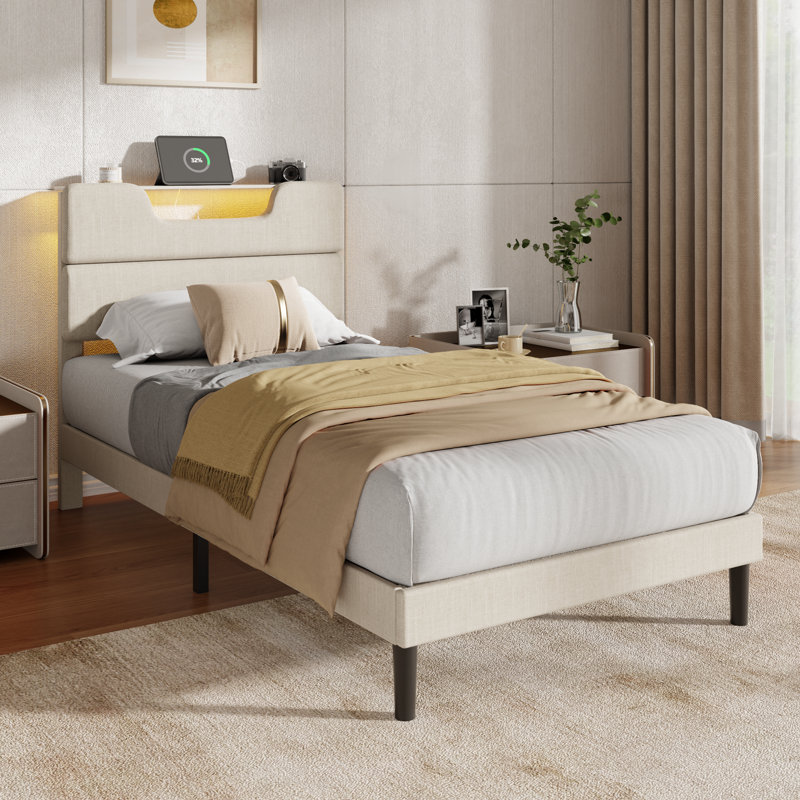 Twin Modern Upholstered Bed Frame with Storage Headboard, LED Lights & Charging Station, Heavy Duty Wooden Slats Support, No Box Spring Needed