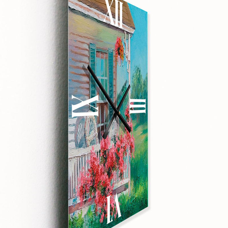 Horloge murale en bois avec patio et fleurs en fleurs, Petit