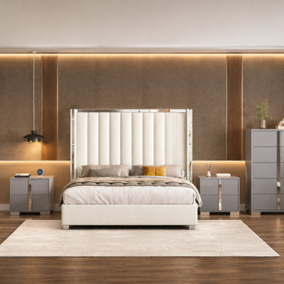 Ensemble de meubles de chambre à coucher Gerasim 5 pièces, format king, blanc et gris