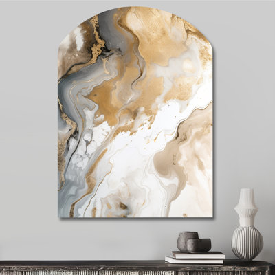 Gold And Grey A Marble Effect V - Arch Abstract Marble Metal Wall Decor, Asymmetrical Metal Wall Sculpture Print