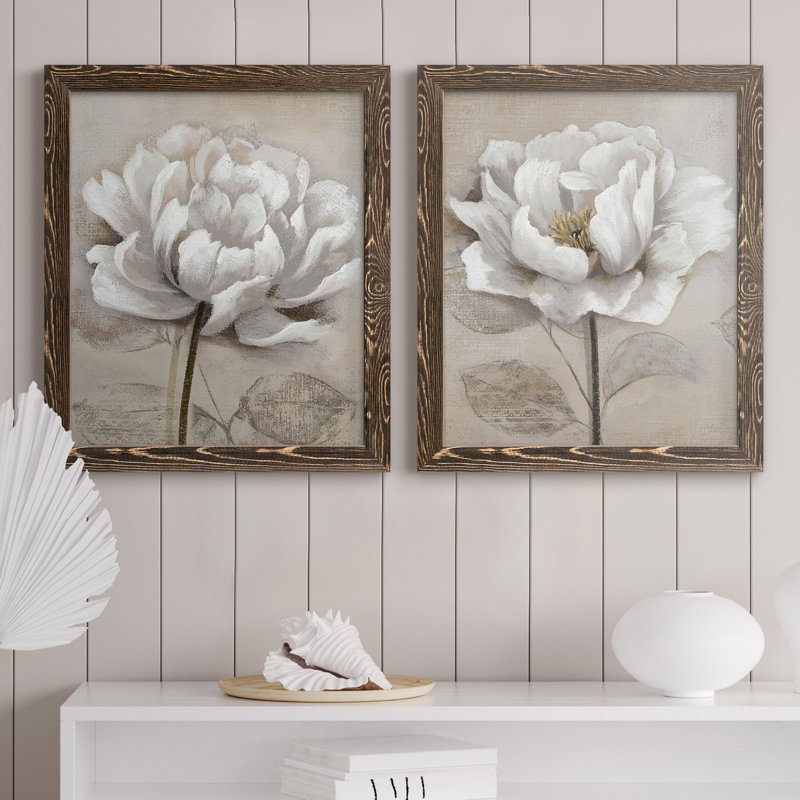"Soft White I", ensemble de 2 reproductions d'art, H 20 po x l 17 po, Toile avec cadre photo sans passe-partout, Noyer