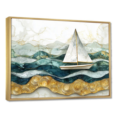 Golden Sailboat On Emerald Ocean II - Boat Canvas Print
