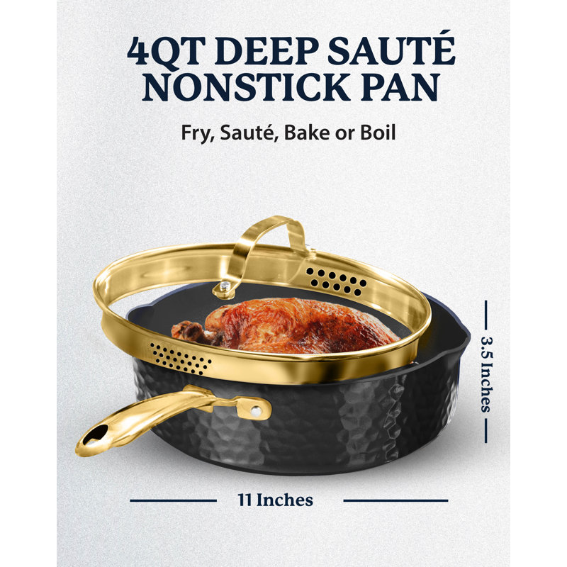 Charleston Collection Hammered Black and Gold 4 Qt Nonstick Aluminum Sauté Pan