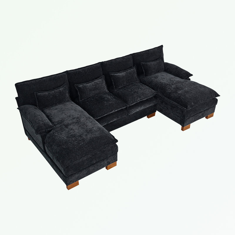 Canapé modulaire en U avec 2 repose-pieds et coussin moelleux, Chenille noir
