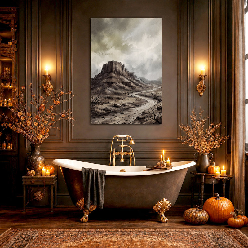 Paysage Sepia Mesa avec ciel nuageux - Toile murale d'Halloween, 48"H x 32"W