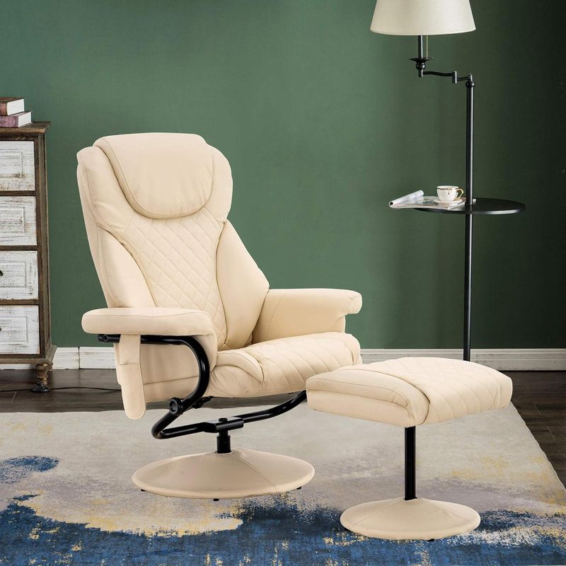 Alyan Recliner with Ottoman, Reclining Chair with Massage, 360 Swivel Chairs, Faux Leather, Cream Faux Leather