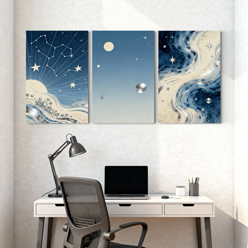 «Abstract Cosmic Stars Constellations Moon Waves Galaxy Reflections», ensemble de 3 impressions sur toile, H 18 po x l 36 po