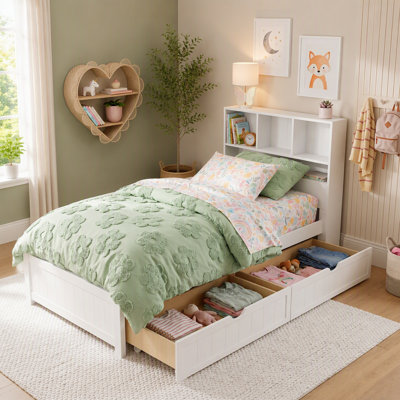 Wood Platform Bed with Bookcase Headboard and Charging Station