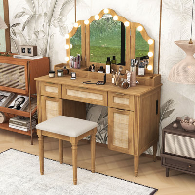 Makeup Vanity Table with Tri-Fold Mirror and LED Lights, Drawers and Charging Station