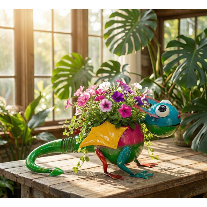 Guille Metal Flying Dragon Lizard Statue Planter, Green/Pink/Multicolor