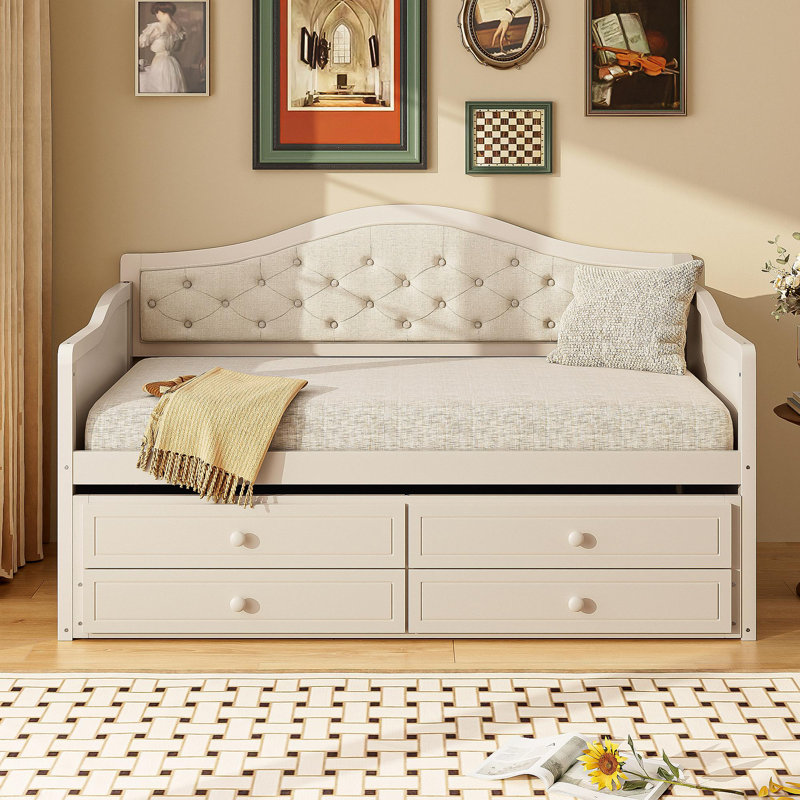 Twin Daybed With Trundle, Twin Size Daybed With 2 Storage Drawers, Wooden Sofa Bed With Upholstered Button Tufted Backrest For Living Room, Bedroom, Guest Room,Beige