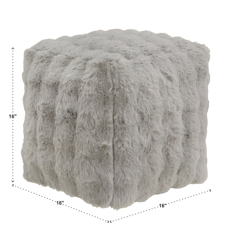 Doniphan Upholstered Square Pouf Ottoman, Gray Fur Faux Leather