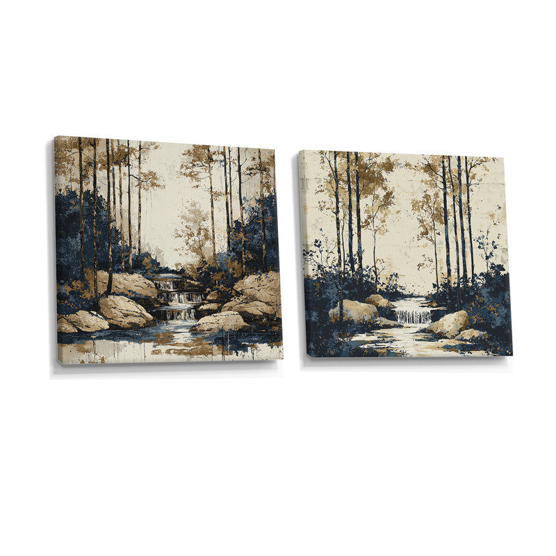 «Beige Forest» et «Blue River Natures Balance I», ensemble d'art décoratif mural, ensemble 2 pièces, Toile tendue