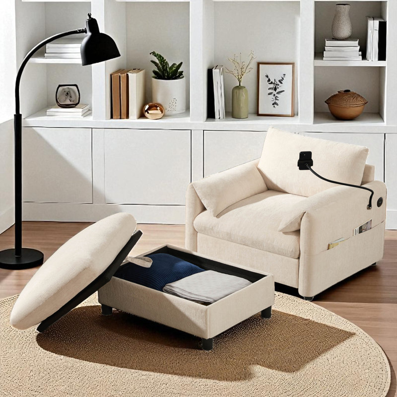 Fauteuil d'appoint rembourré avec repose-pieds avec rangement, Beige