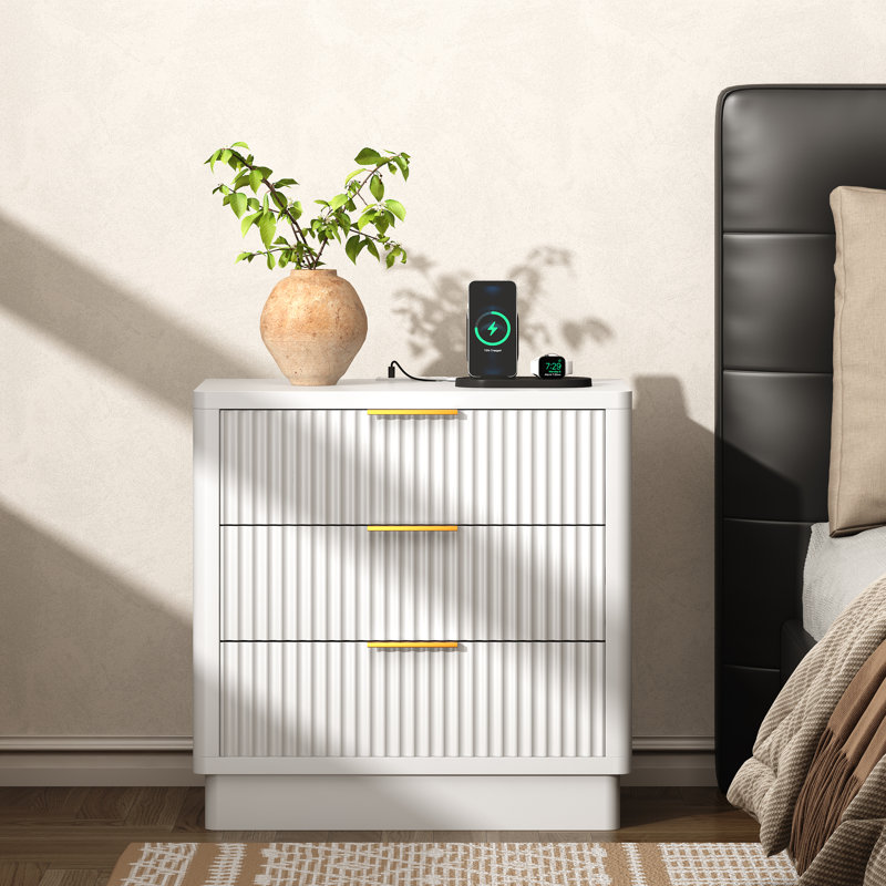 23.6" W 3-Drawer Nightstand with Charging Station, White