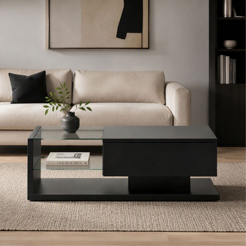 Table basse - Verre trempé - Surface UV ultrabrillante - 2 niveaux - Rectangle - Noir - Moderniste, Noir