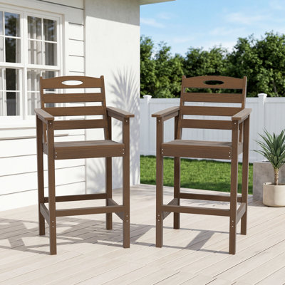 Set of 2 HDPE All-Weather Patio Bar Stools Outdoor Tall Adirondack Bar Chairs with Arms
