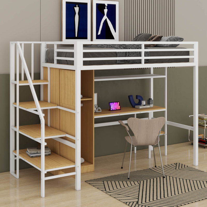 Lit mezzanine simple en métal avec bureau, tablette, armoire et escalier de rangement, Blanc
