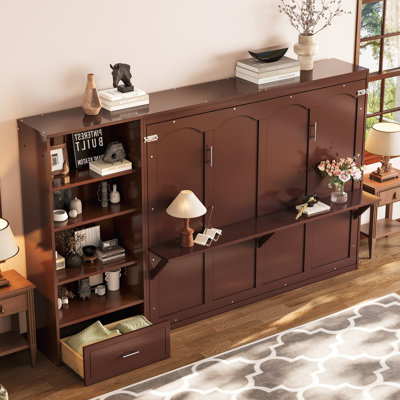 Grand lit escamotable avec compartiments de rangement à hauteur réglable et tablette, cadre de lit mural avec 1 tiroir, lit plateforme pliable multifonctionnel pour chambre à coucher, chambre d'amis, noyer