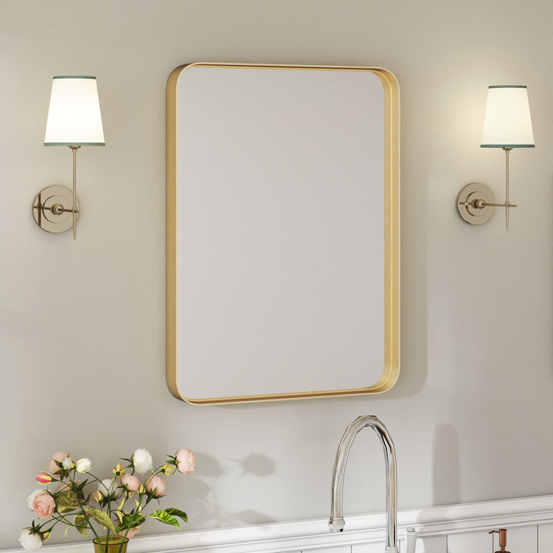 Miroir rectangulaire arrondi avec cadre en aluminium, miroir de meuble-lavabo mural, miroir d'entrée / horizontal moderne, Or