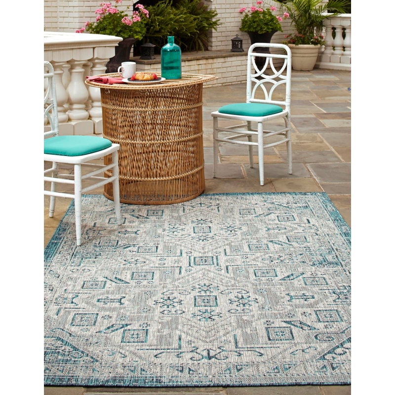 Tapis bleu sarcelle intérieur / extérieur Amhlaidh Southwestern, Rectangle 4 pi x 6 pi