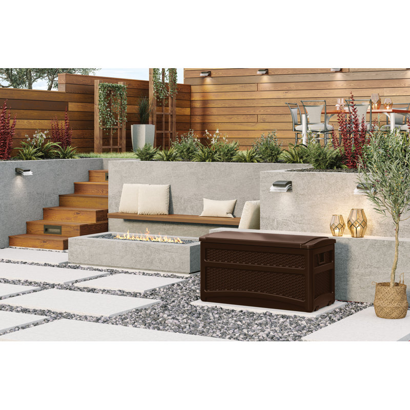 Brown Lockable Plastic Wicker Deck Box with Wheels