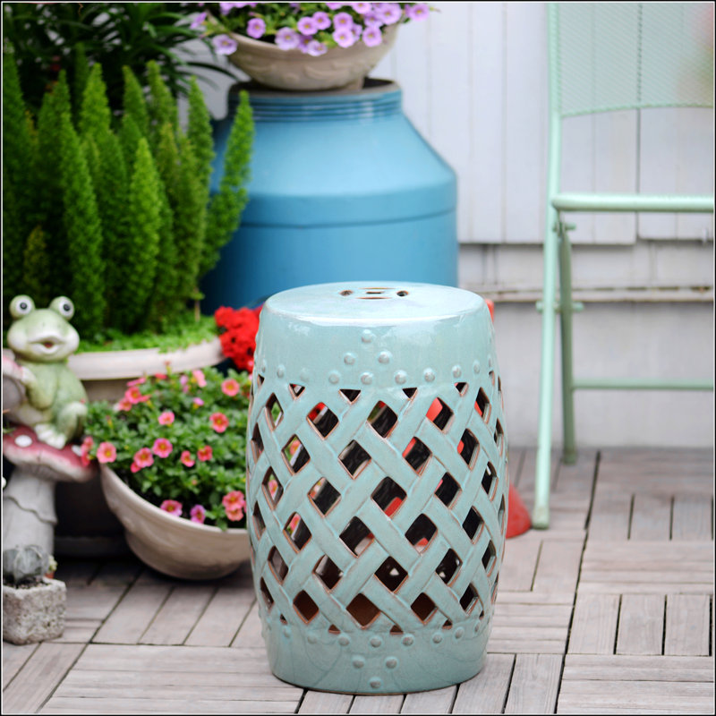 Tabouret de jardin 13 po x 18 po en céramique avec motif en treillis tissé et table de bout décorative émaillée de matériaux résistants