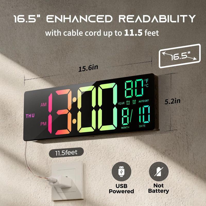 Grande horloge murale numérique 16,5 po avec synchro BT, lumières RVB avec télécommande en mode 11 scènes, double alarme avec grand affichage à DEL, DST automatique, température pour les jeux en classe