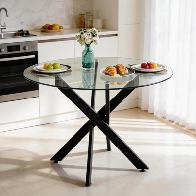 Table de salle à manger ronde 36 "en verre trempé avec pieds modernes en métal argenté, sièges 2-4