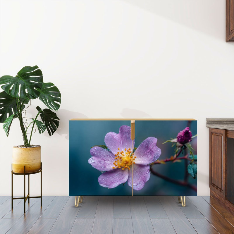 Buffet Buffet avec rangement Fleurs mauves gouttes de rosée Coucher de soleil photographie florale douce avec 2 portes pour le salon et la cuisine