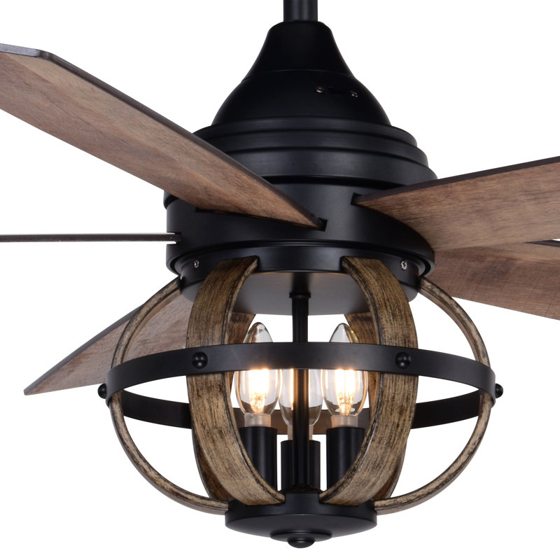 Okanagan 52 in. Black and Burnished Teak Indoor Rod Mount Farmhouse Ceiling Fan with Reversible Burnished Teak-Black Walnut Blades, Dimmable LED Light Kit and Remote Control, 3 Speeds, Metal Cage Shade