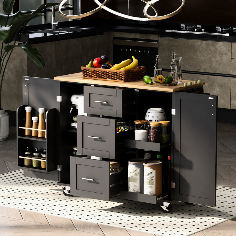 Versatile Rolling Kitchen Island with Slide-Out Shelves and Internal Racks, Perfect for Space Optimization and Organization