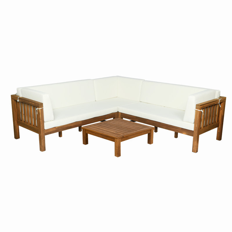 Acacia Wood Outdoor Sectional Sofa Set, 4-Piece L-Shaped Patio Furniture with Cushions, Double-Length Benches, Corner Seat & Coffee Table, Weather-Resistant Indoor/Outdoor - Farmhouse Scandinavian