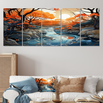 Orange et bleu, rivière, Serene Journey II - forêt, art mural 5 pièces