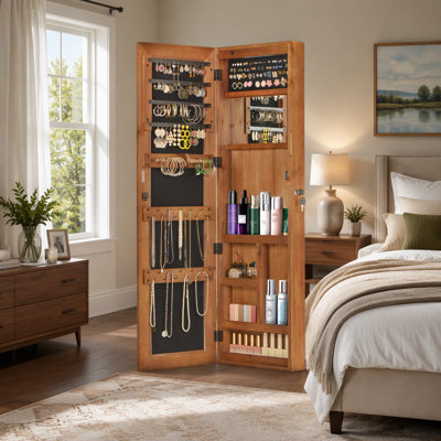 Armoire à bijoux murale en bois massif avec miroir pleine longueur et système d'éclairage DEL automatique