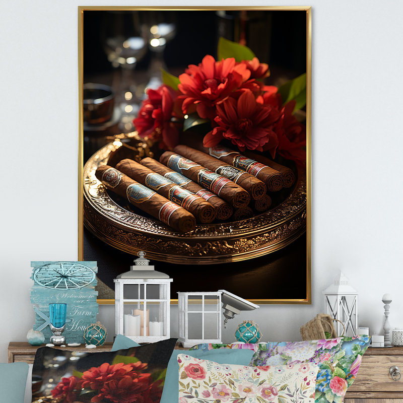 Cuba Cigar Expression II, reproduction d'art sur toile, Cadre flottant doré, H 44 po x l 34 po x P 1,5 po