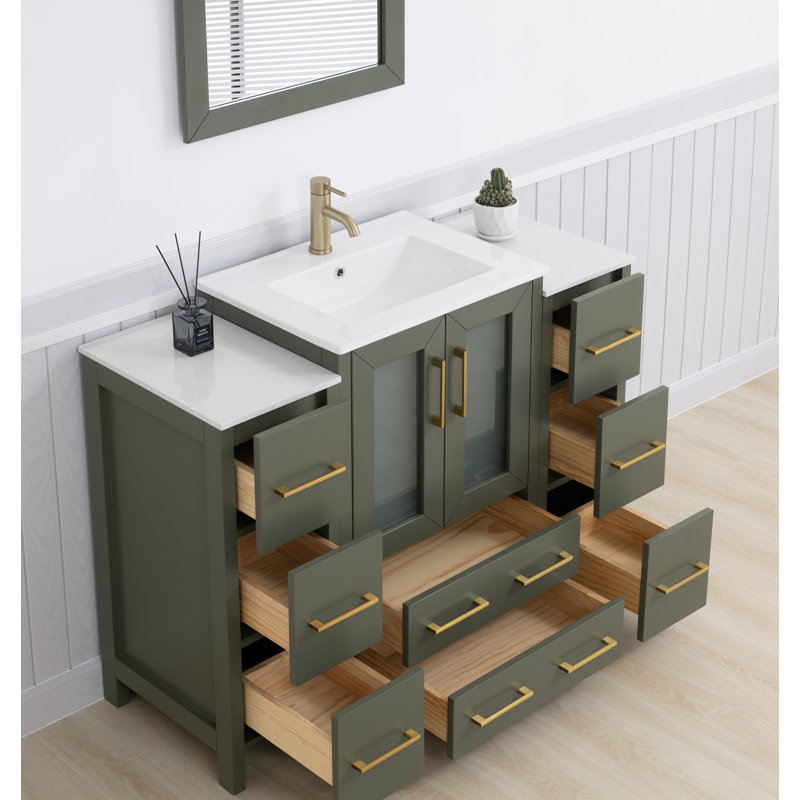Ensemble de meuble-lavabo autoportant 48 po avec plateau en céramique et miroir assorti Brescia, Vert rétro